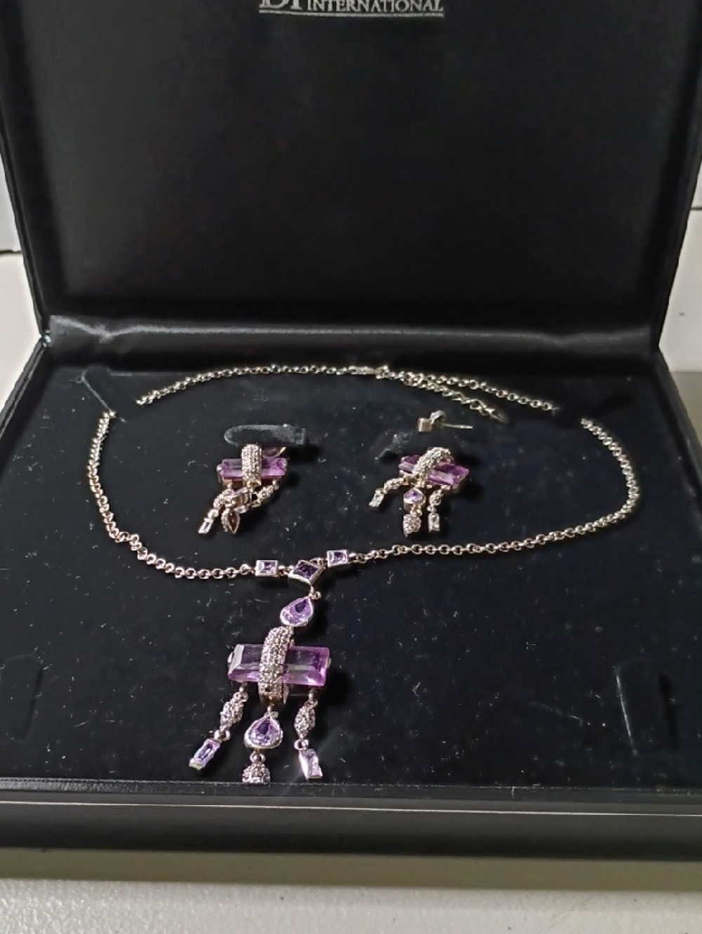 Silver-Tone Amethyst Crystal Pendant Necklace with Matching Earrings